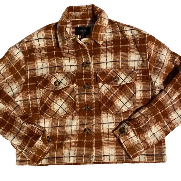 Orange Plaid Flannel Cropped Shacket - Picture 3 of 4